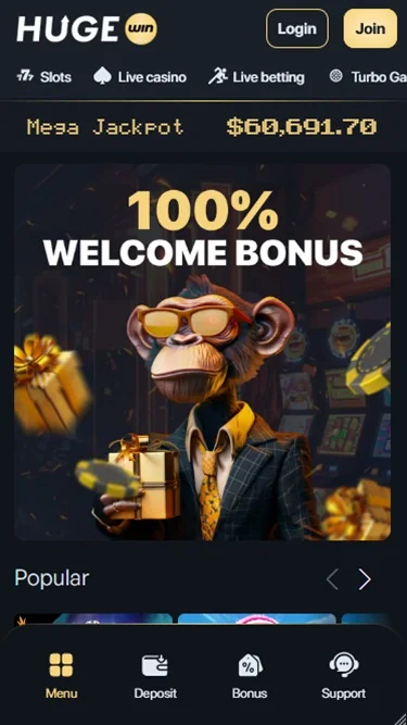 Η mobile έκδοση του HugeWin Casino στο κινητό